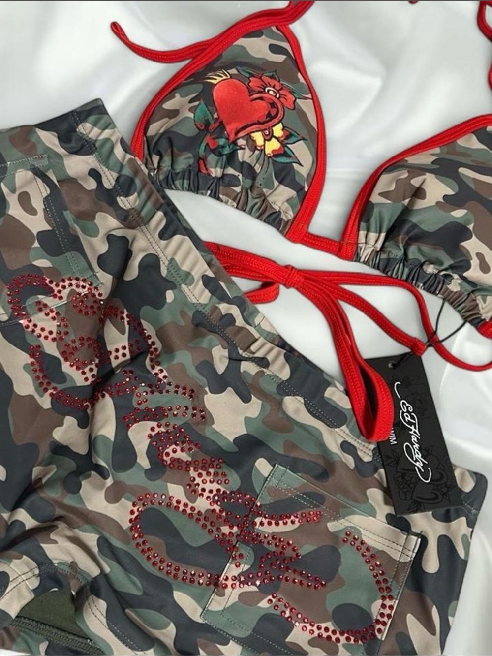 Ed Hardy Rhinestone Heart Camo lowrise bikini set embellished